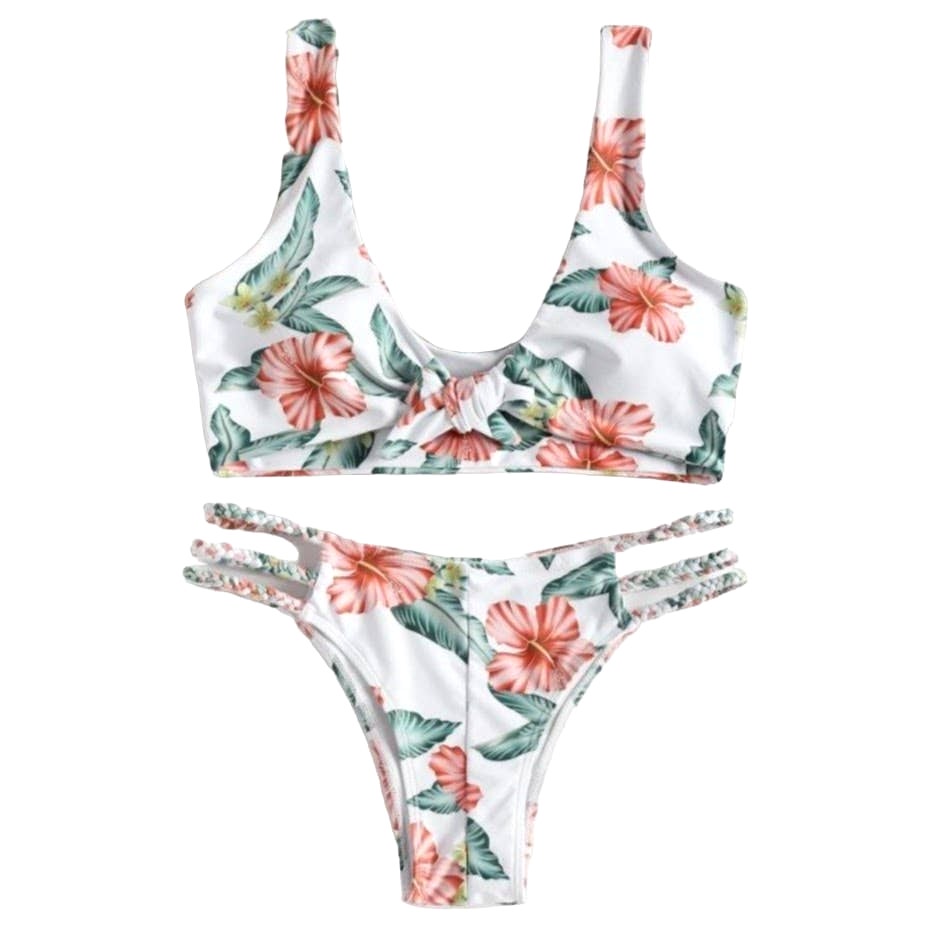 Zaful White Floral Bikini Set With Coral Flowers And Green Leaves